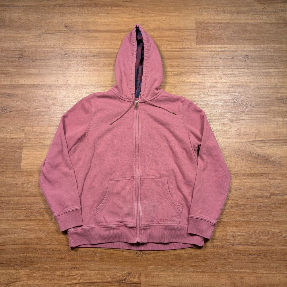 LL Bean 1912 Flannel Lined Hoodie Womens Large Regular Pink Full Zip Jacket